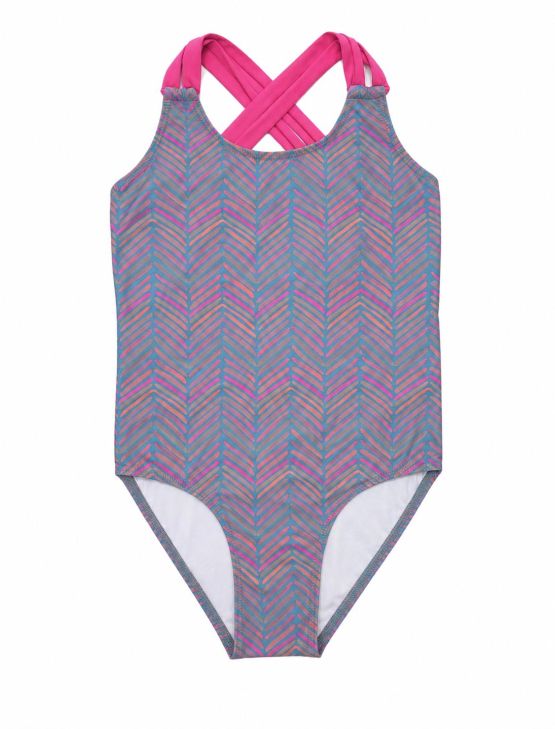 Trikini estampado en colores flúor con espalda descubierta y tiras cruzadas en rosa flúor.