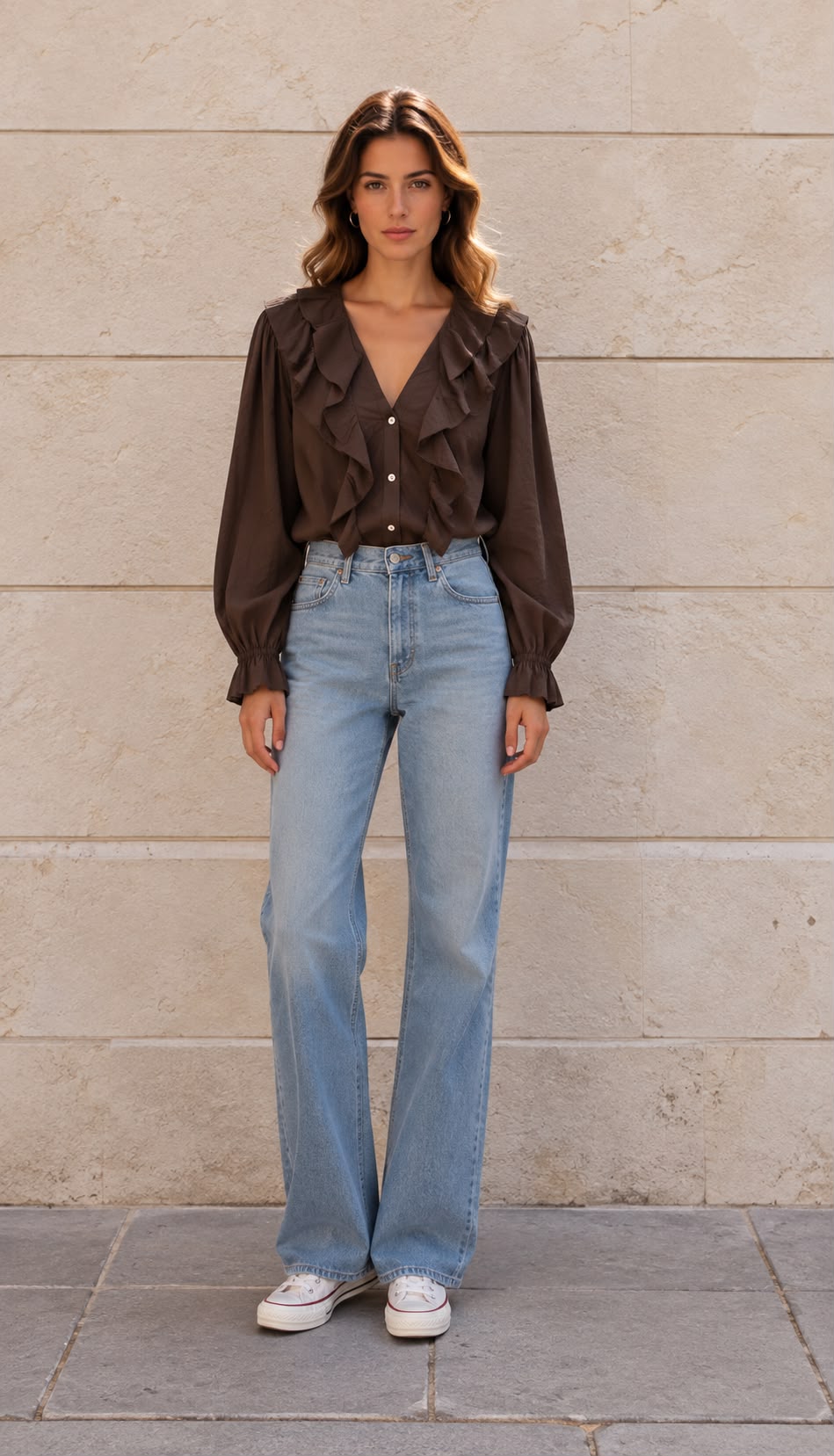Blusa de manga larga con volantes delanteros, escote en V y puños fruncidos.